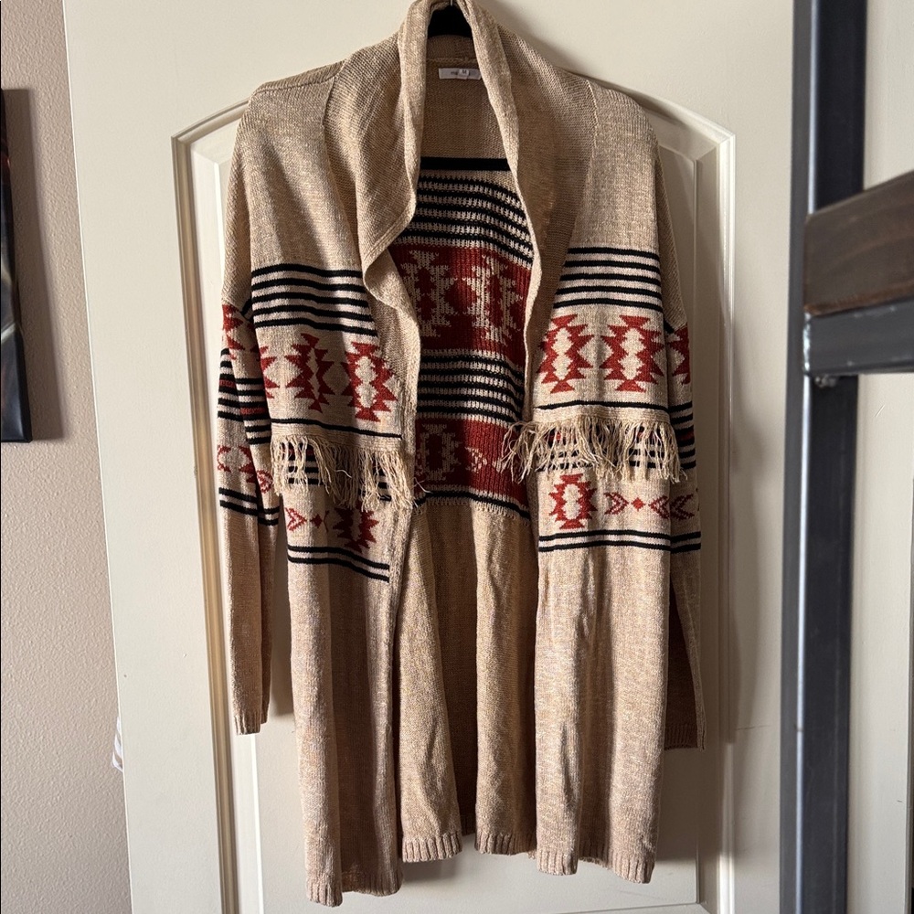 Maurices Aztec Indian Fringe Tan and Red Patterned Cardigan M